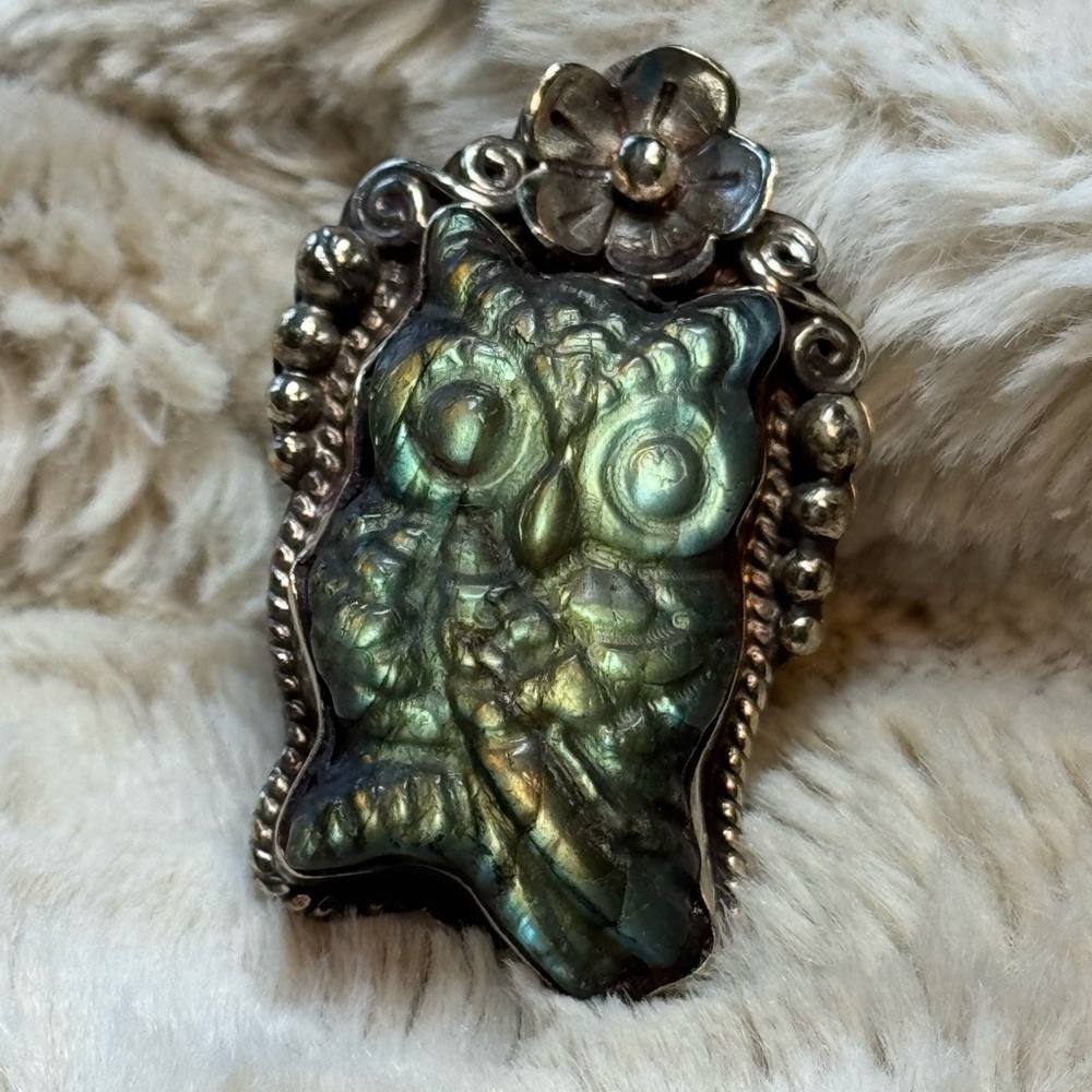 Labradorite adjustable ring or scarf slide. Handcarved owl design